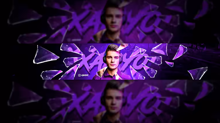 A purple gaming YouTube banner template featuring a gamer avatar surrounded by shattered glass shards.