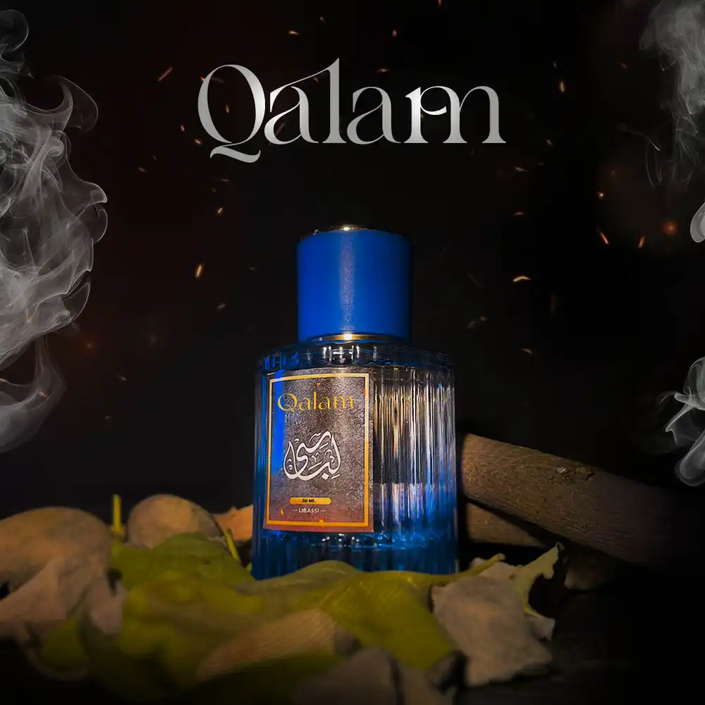 Qalam perfume PSD mockup with luxury bottle, editable for branding and marketing.