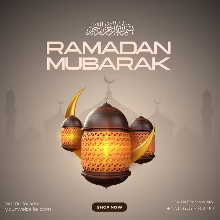 Ramadan Mubarak greeting card with 3D lanterns and golden crescent moon