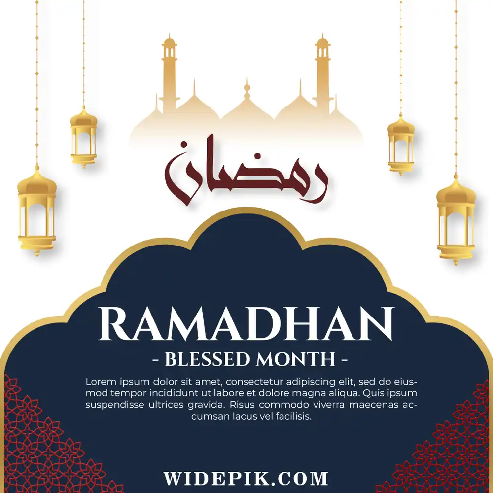 Ramadhan poster with navy blue arch and golden lanterns