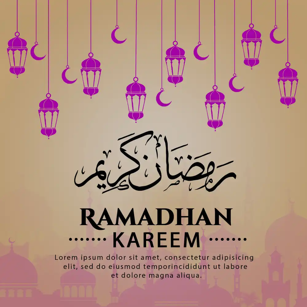 Ramadhan Kareem poster with purple lanterns and moon ornaments
