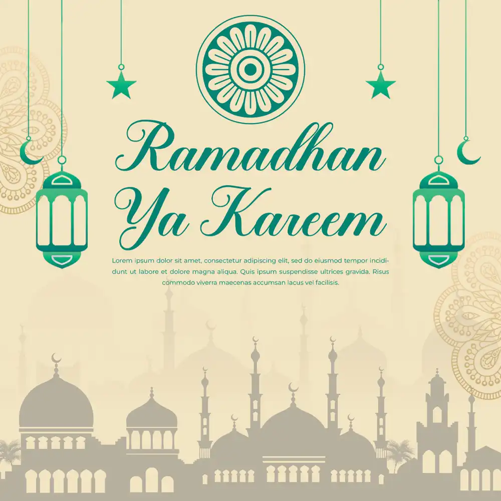 Ramadhan Ya Kareem poster with green lanterns and mosque silhouette