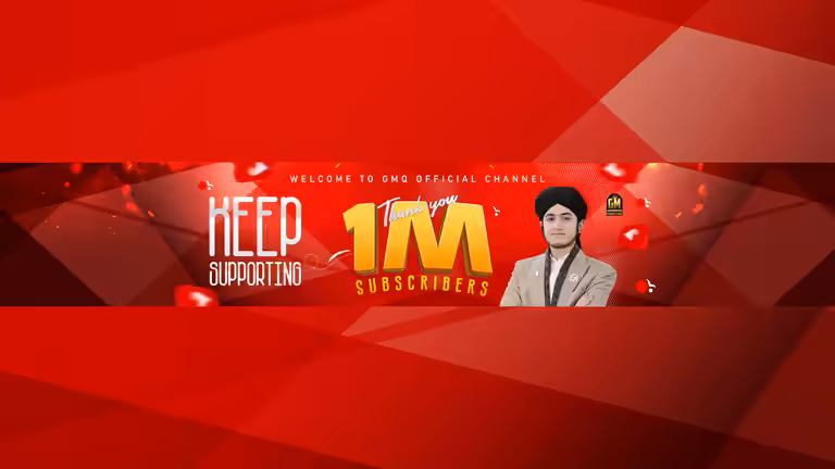 A vibrant red geometric YouTube banner template celebrating 1 million subscribers with a professional portrait.