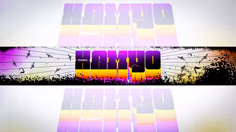 A retro synthwave YouTube banner template with bold purple and yellow 3D text and bird silhouettes.