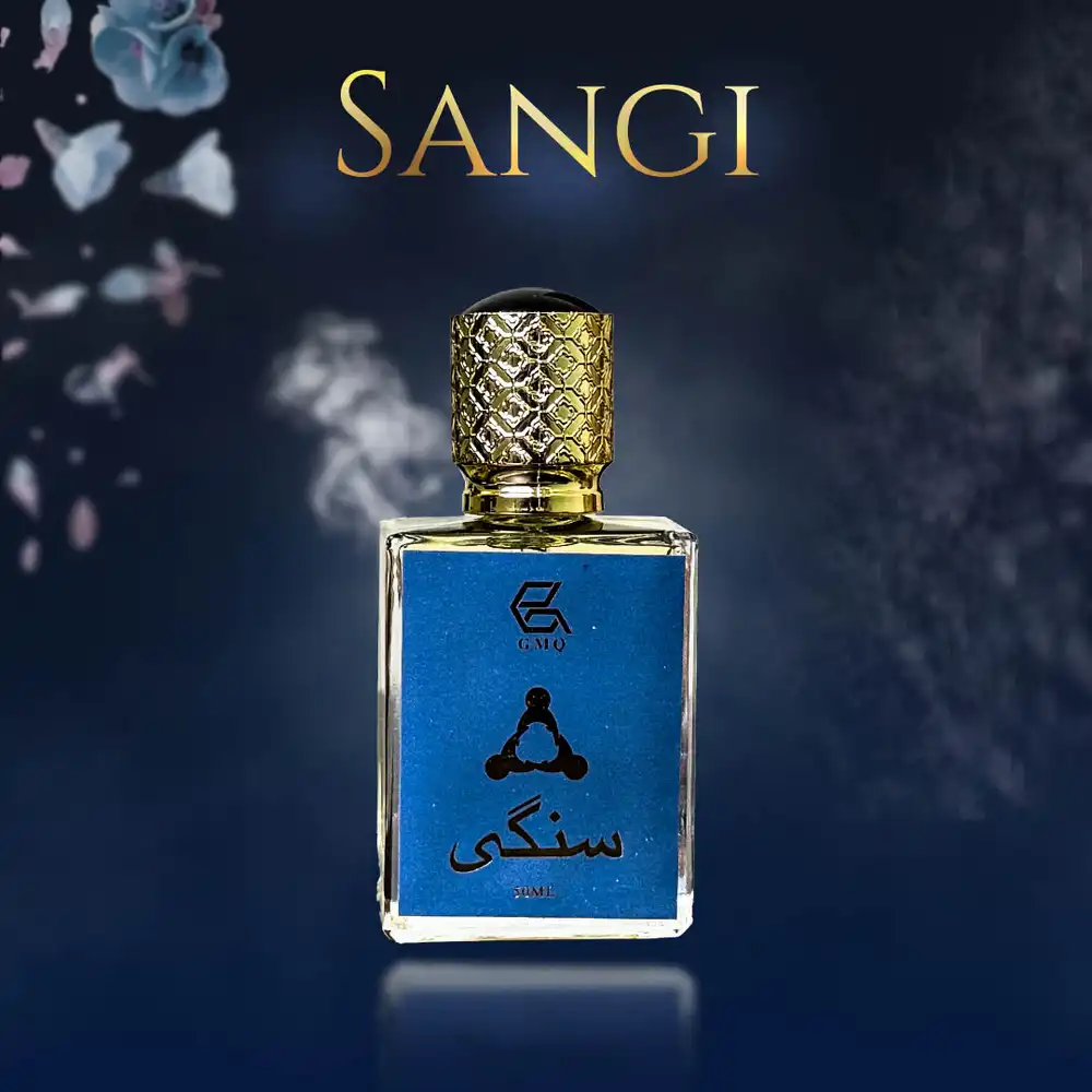 Sangi perfume bottle with gold cap on blue background, luxury floral product photography PSD template design.