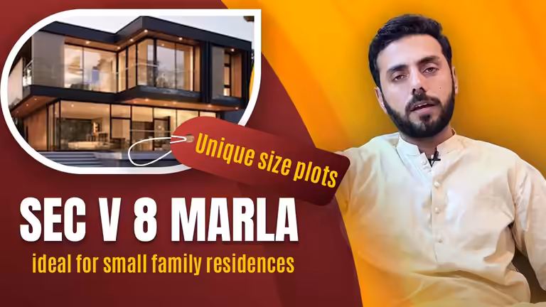 Sec V 8 Marla Plots PSD thumbnail template featuring a modern house design and ideal family residence banner