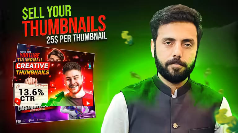 Sell Your Thumbnails PSD template featuring a professional graphic designer and creative YouTube poster design