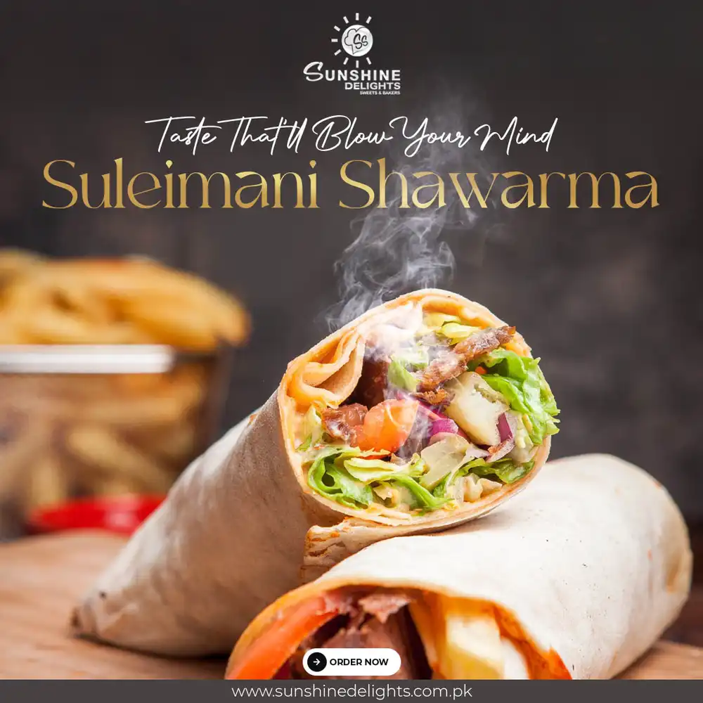Sulemani Shawarma PSD poster template featuring juicy and flavorful Middle Eastern shawarma wraps