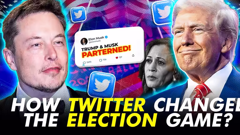Trump Musk Twitter Thumbnail PSD featuring Elon Musk, Donald Trump, and Twitter icons for YouTube election news video.