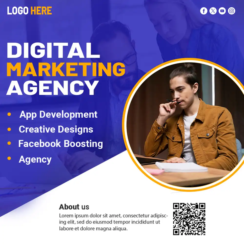 Digital marketing agency poster with SEO, social media, and online marketing elements design