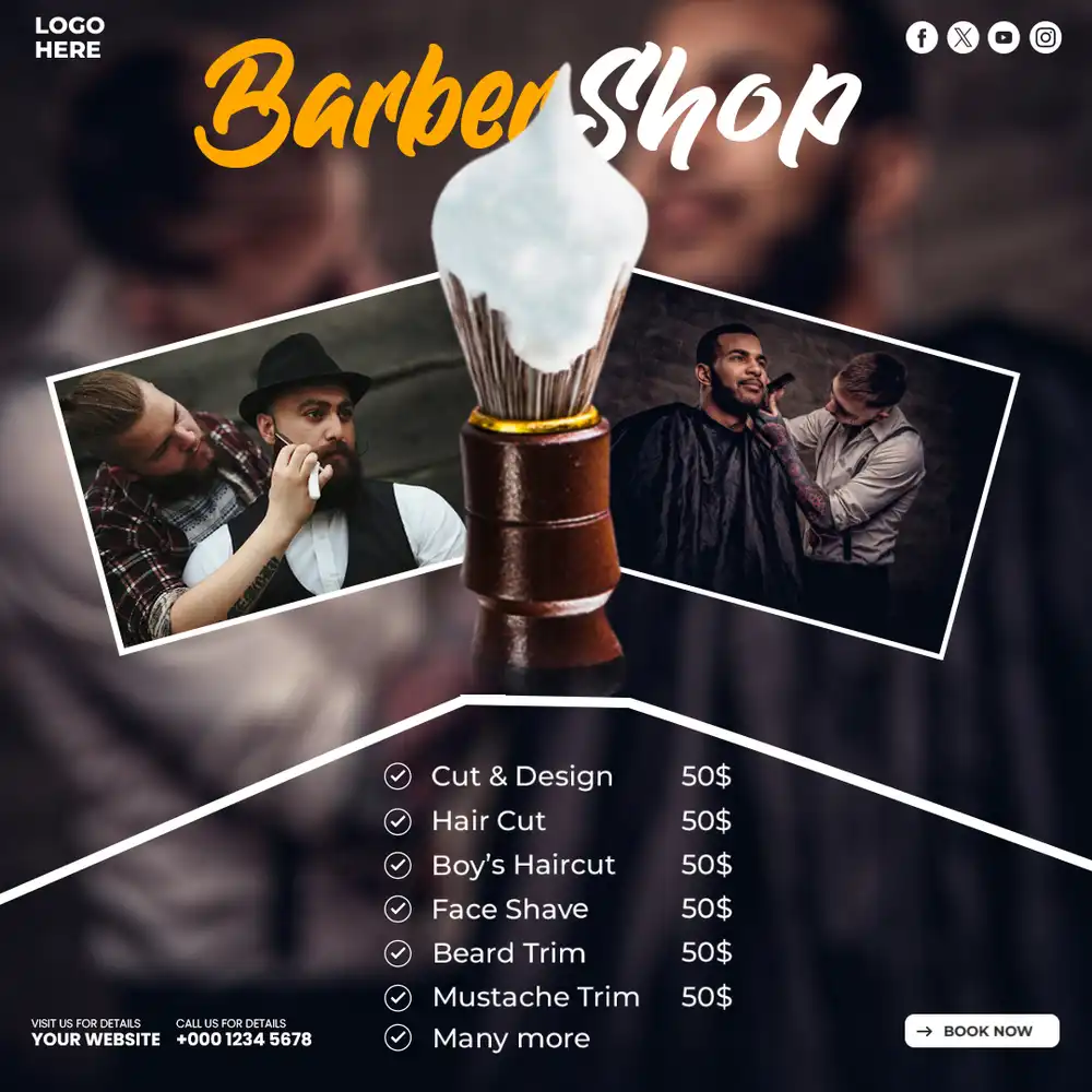 Modern Barber Shop Flyer Template for Haircut and Grooming Services with stylish barber design