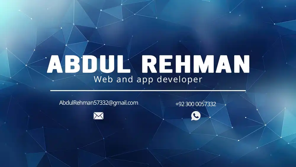 Web and app developer banner with "Abdul Rehman" name on a blue geometric network background with email and phone icons.
