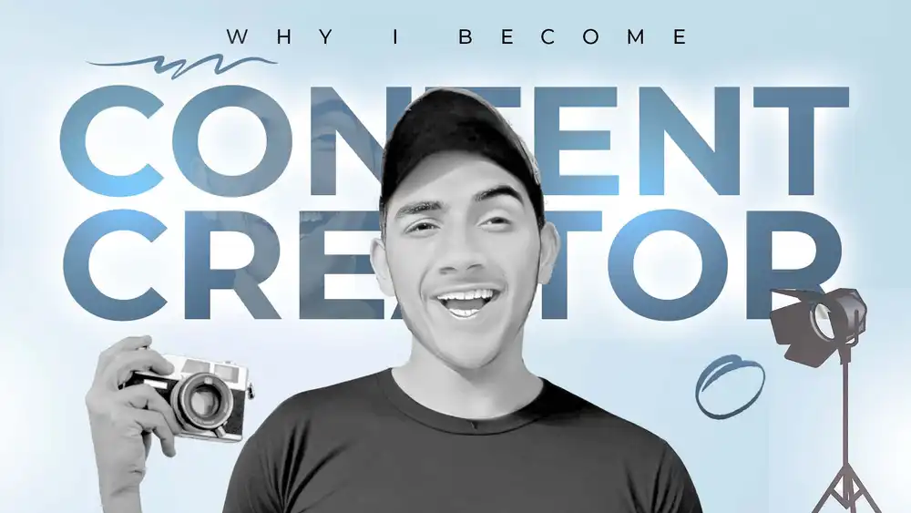 A smiling creator holding a vintage camera with "CONTENT CREATOR" text in the background, blue and white aesthetic PSD.