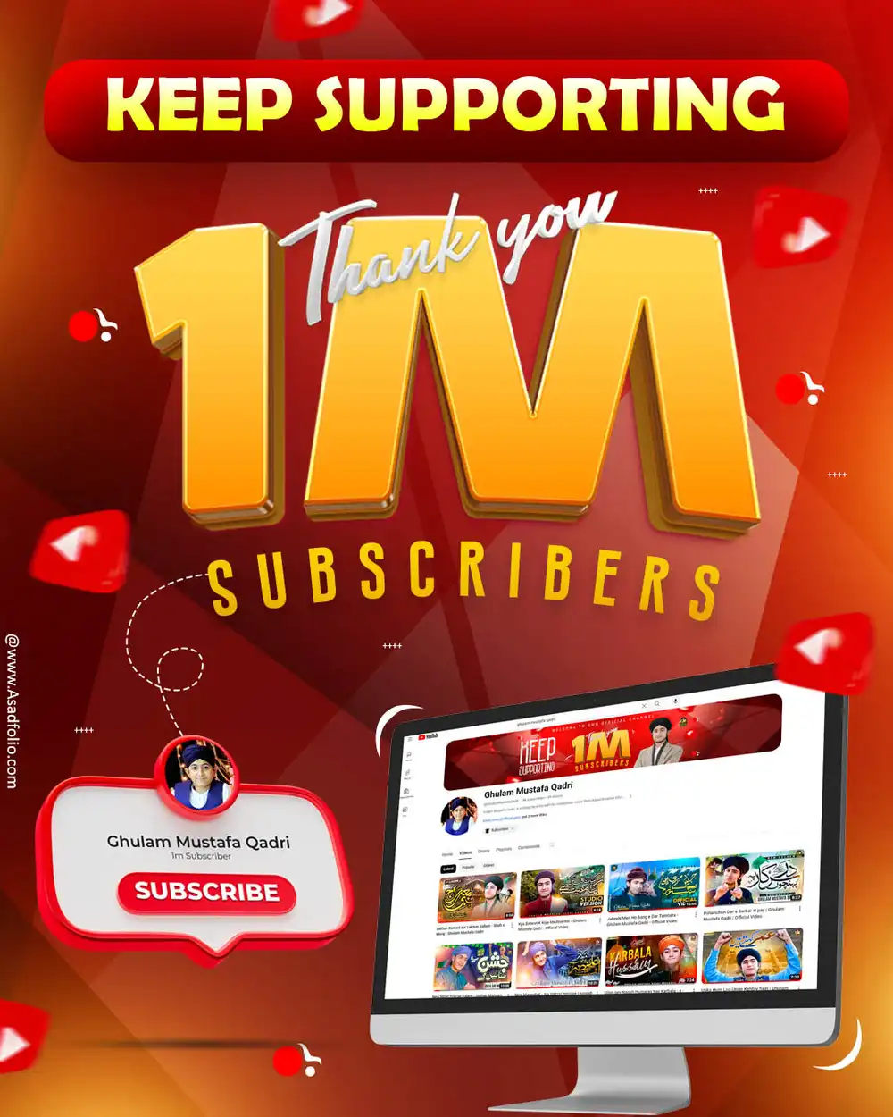 1 Million Subscribers YouTube celebration banner PSD template with 3D gold text and red gradient background.