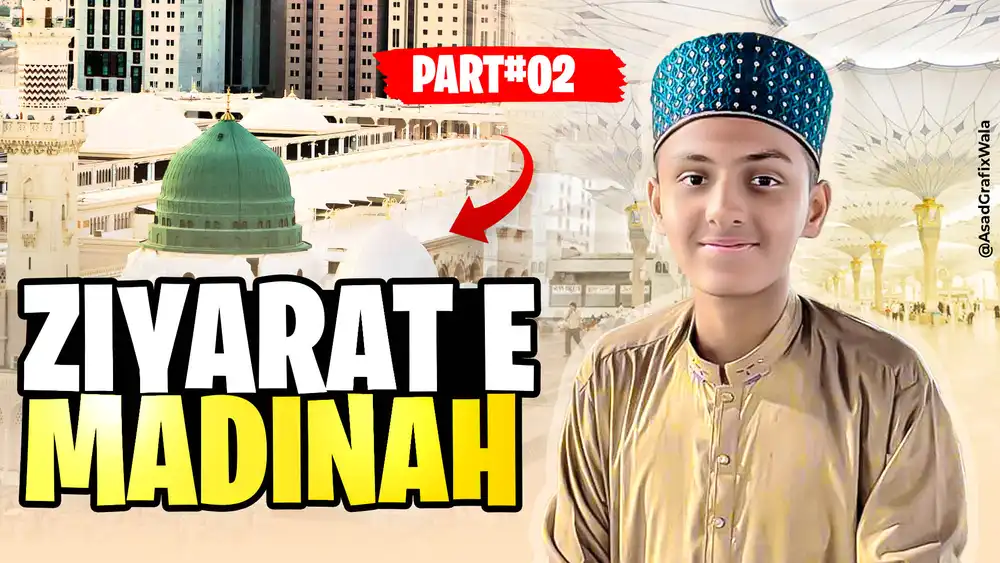 Ziyarat e Madinah YouTube thumbnail PSD featuring a young vlogger and the Green Dome of Masjid an Nabawi.