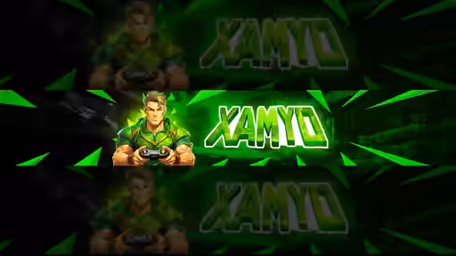 A vibrant green gaming YouTube banner template featuring an illustrated muscular gamer holding a controller.