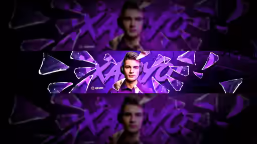 A purple gaming YouTube banner template featuring a gamer avatar surrounded by shattered glass shards.